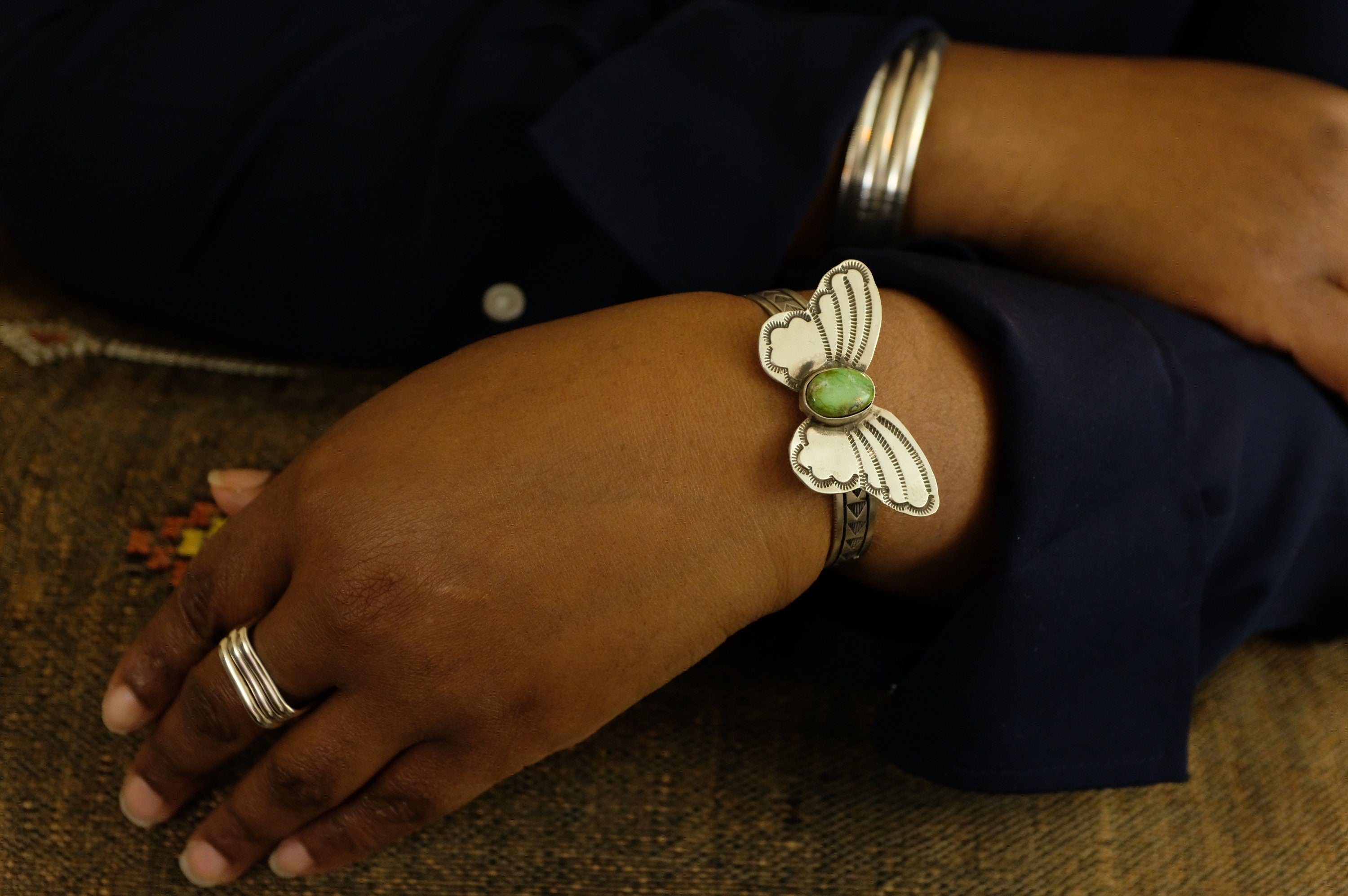 Sterling Silver Sonoran Gold Turquoise Rick Enriquez Navajo Butterfly Cuff Bracelet