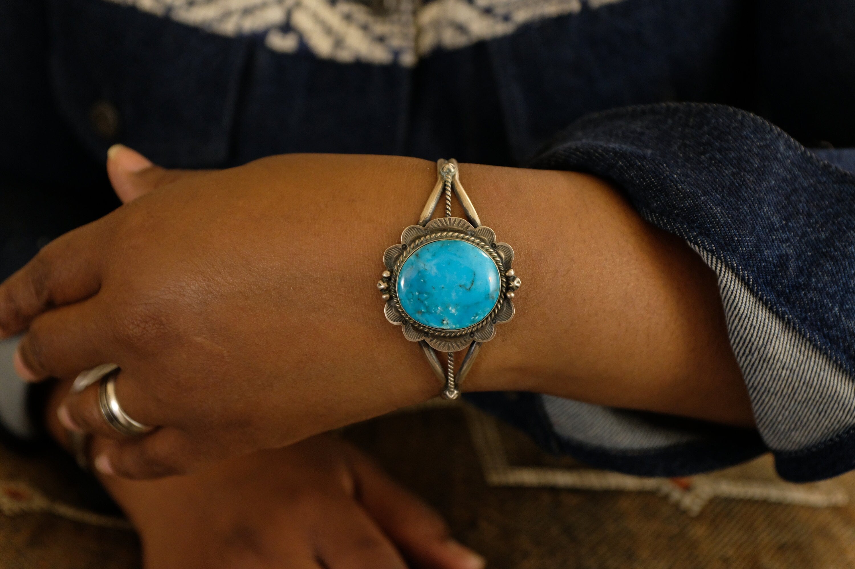 Sterling Silver Turquoise D. Skeets Navajo Cuff Bracelet