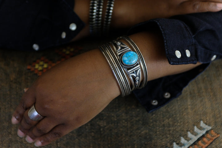 Sterling Silver Kingman Turquoise Mary Ann Spencer Navajo Cuff Bracelet