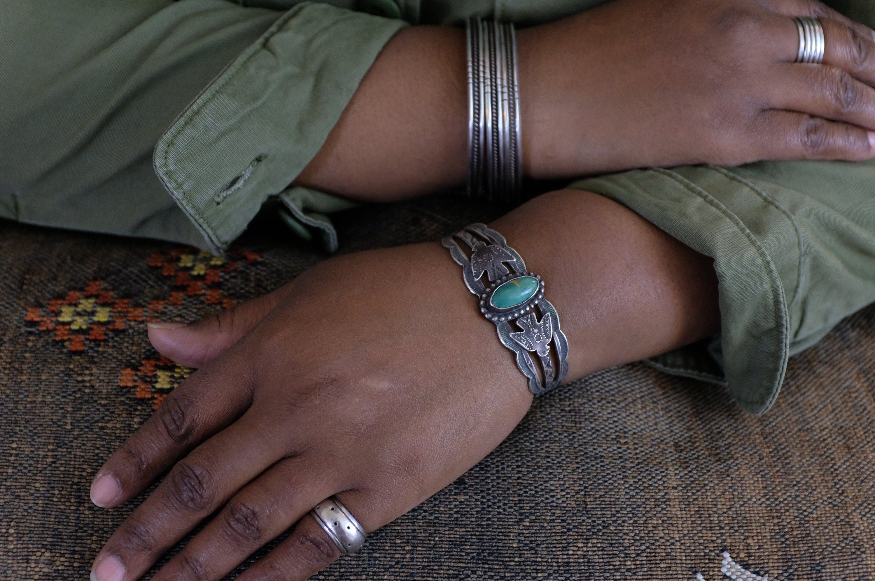 Sterling Silver Turquoise Fred Harvey Era Cuff Bracelet
