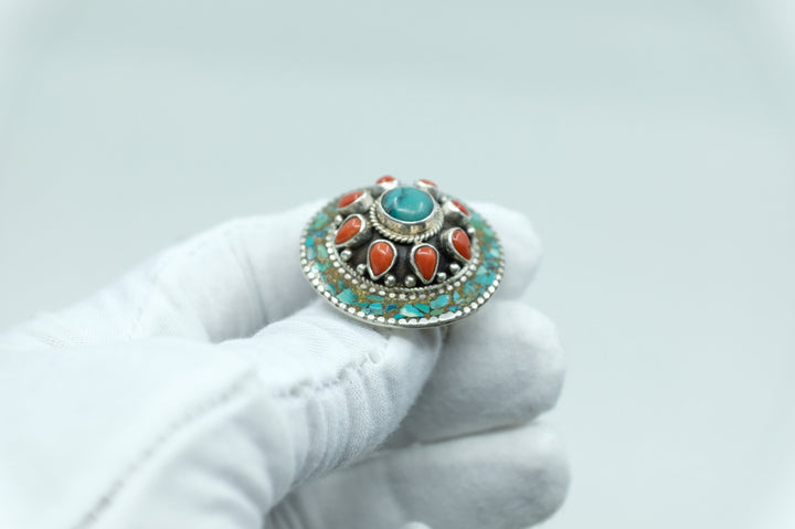 Sterling Silver Turquoise & Coral Tibetan Ring