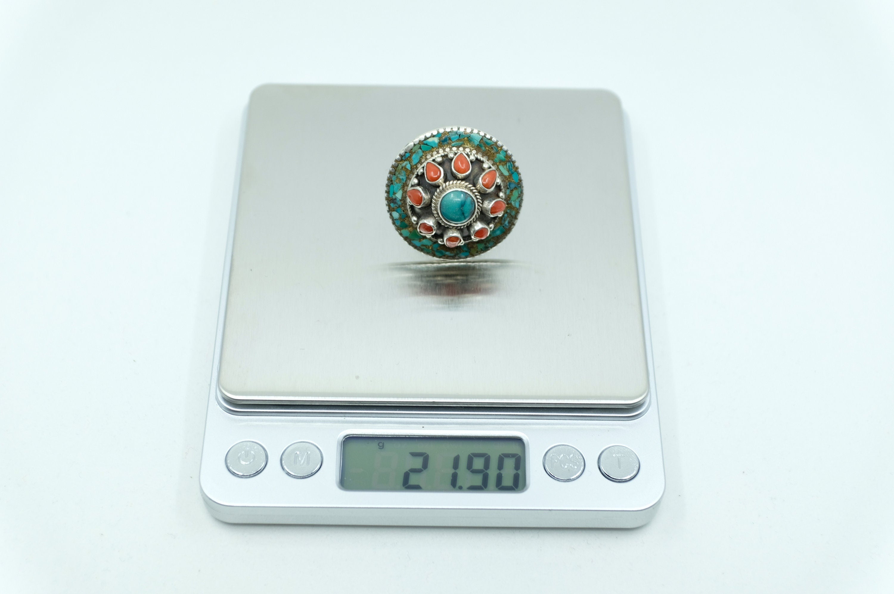 Sterling Silver Turquoise & Coral Tibetan Ring