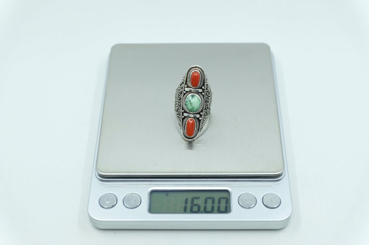 Sterling Silver Turquoise & Coral Filigree Ring