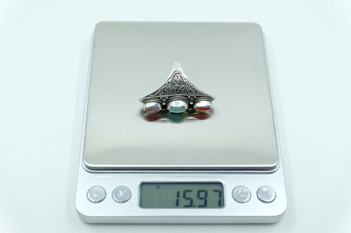 Sterling Silver Tibetan Turquoise & Coral Ring