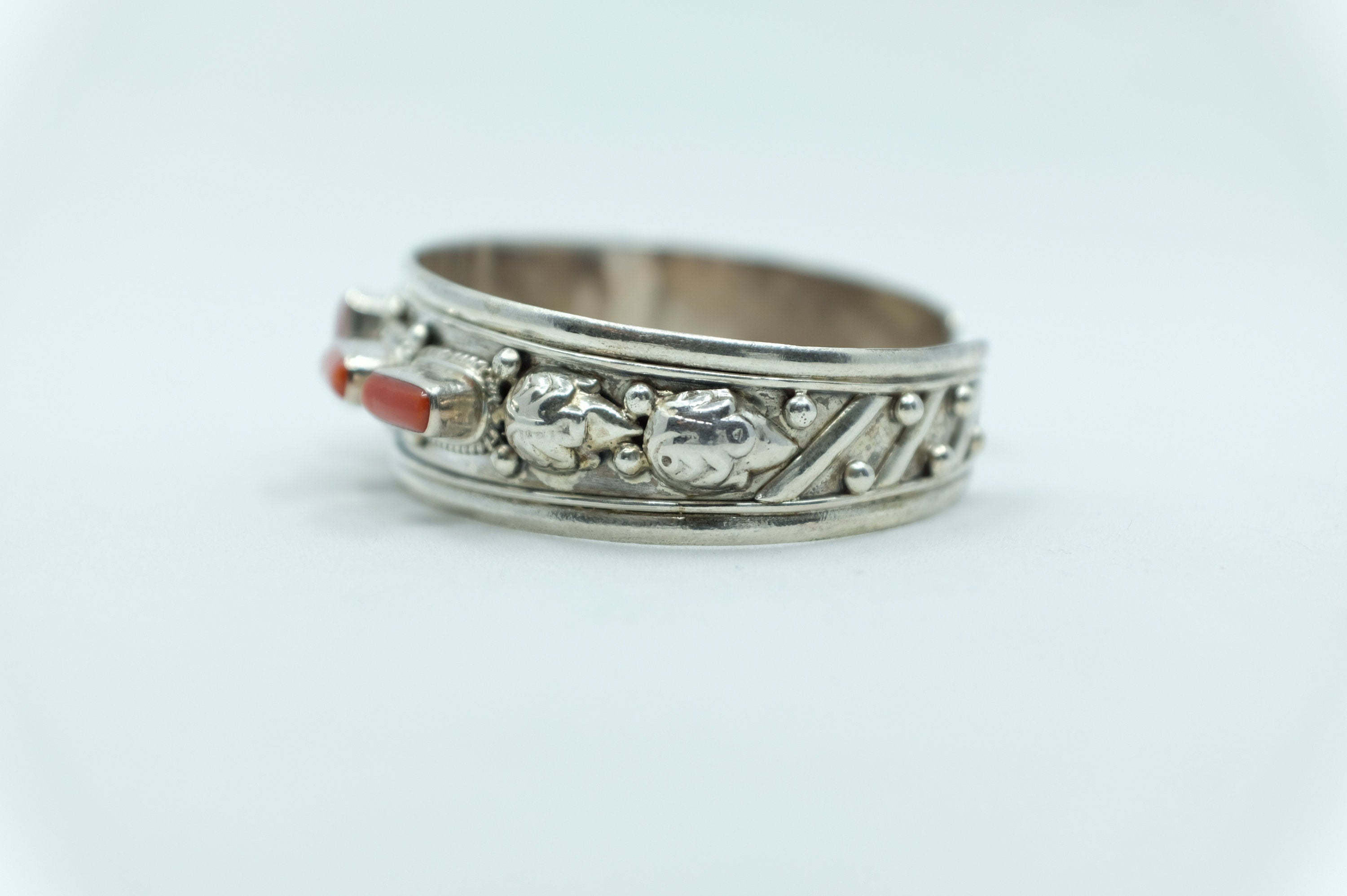 Sterling Silver Coral Tibetan Cuff Bracelet