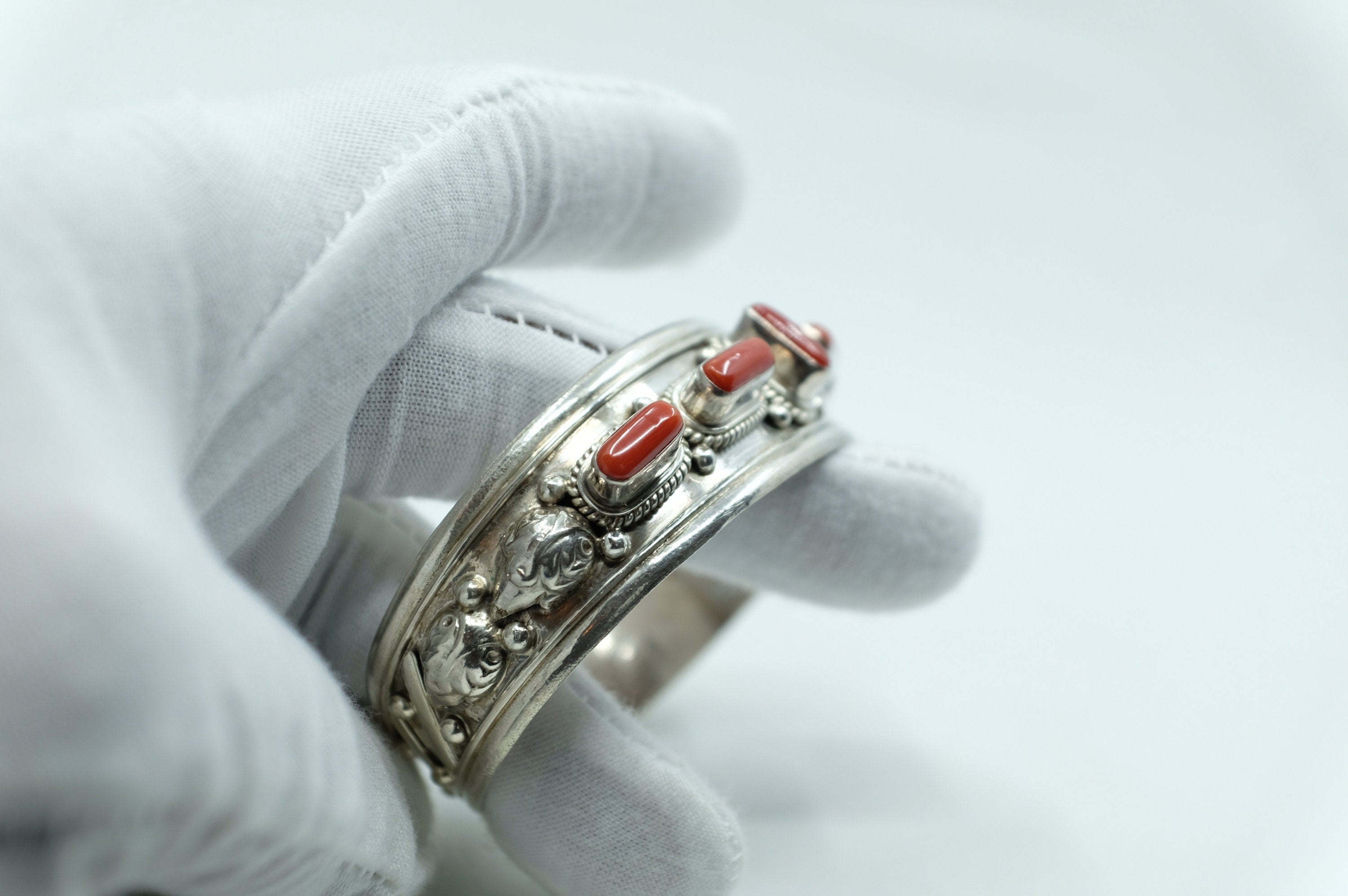 Sterling Silver Coral Tibetan Cuff Bracelet