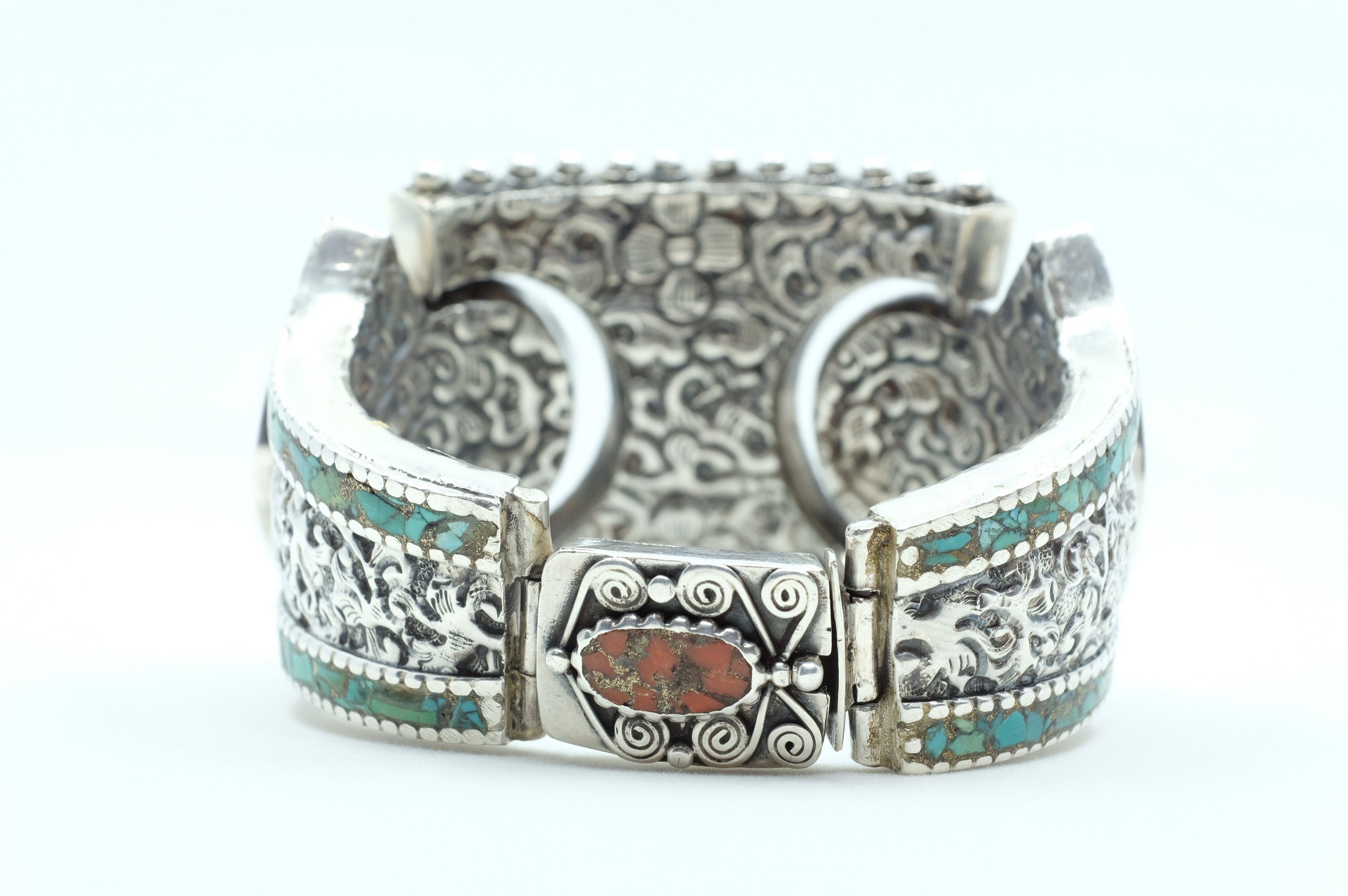 Sterling Silver Turquoise & Coral Tibetan Cuff