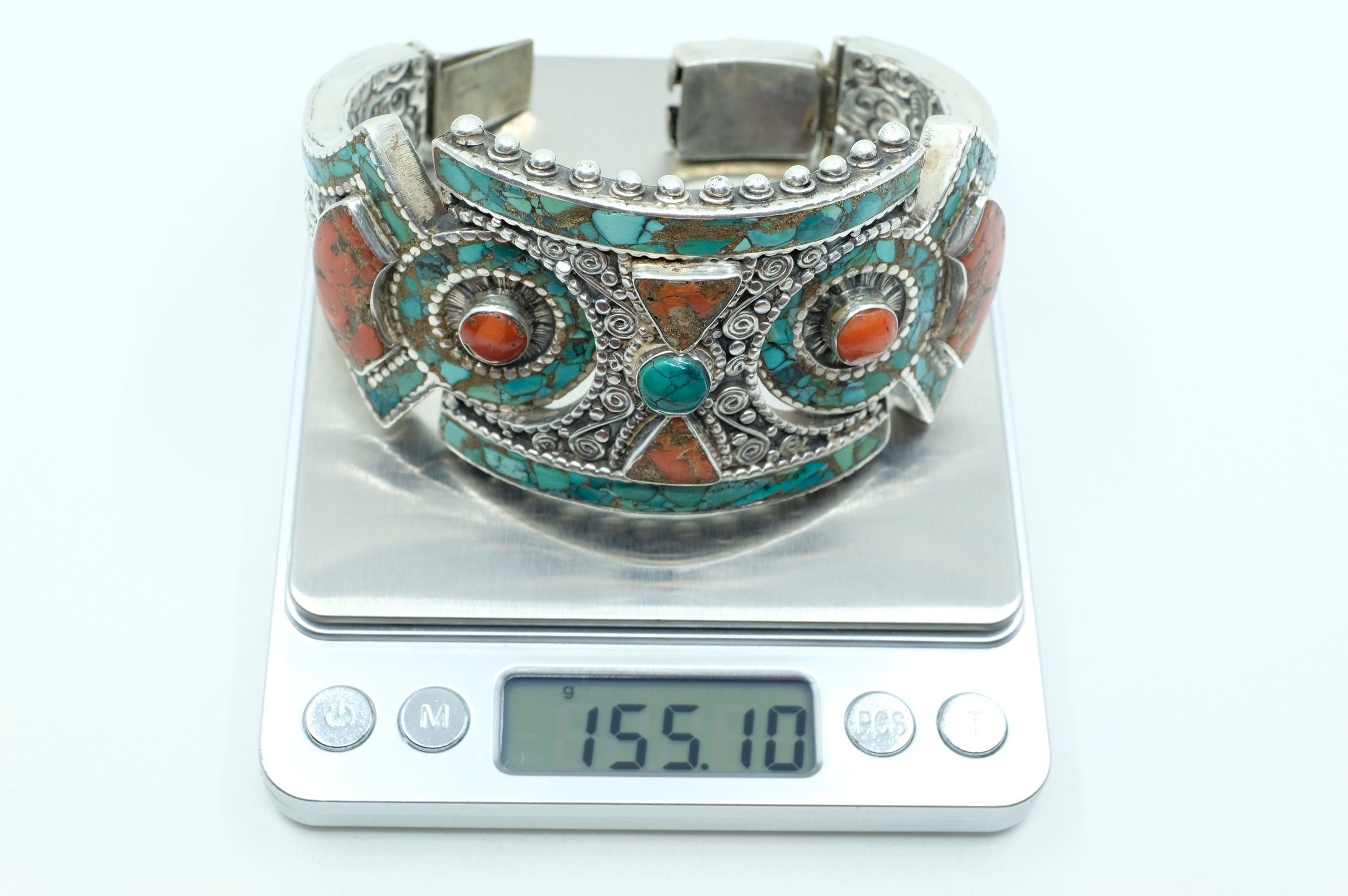 Sterling Silver Turquoise & Coral Tibetan Cuff