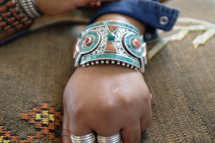 Sterling Silver Turquoise & Coral Tibetan Cuff