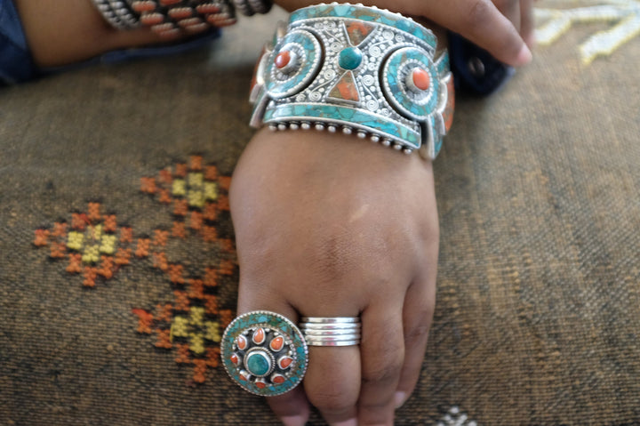 Sterling Silver Turquoise & Coral Tibetan Cuff