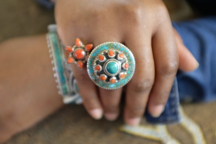 Sterling Silver Turquoise & Coral Tibetan Ring