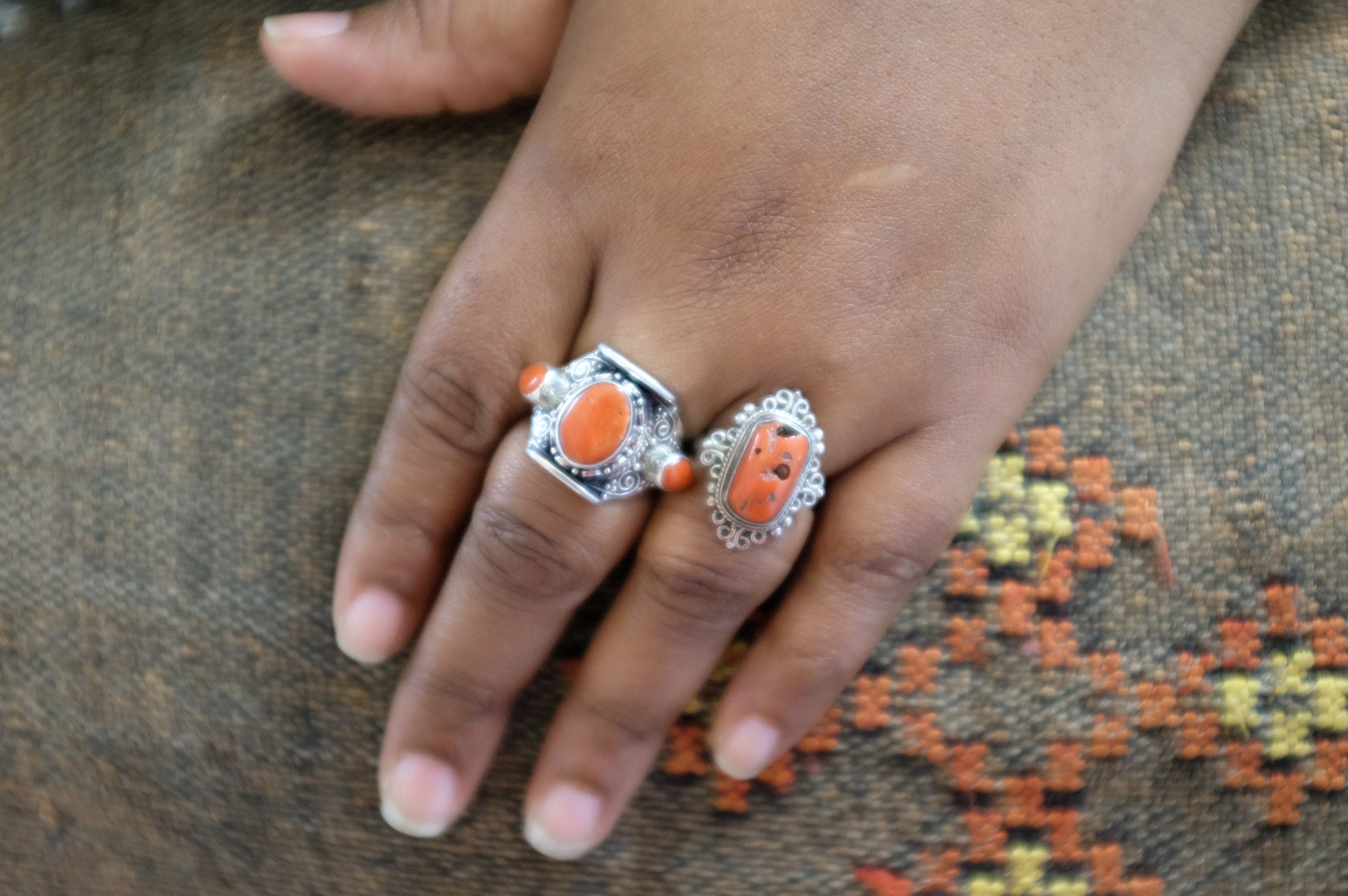 Sterling Silver Coral Nepalese Ring