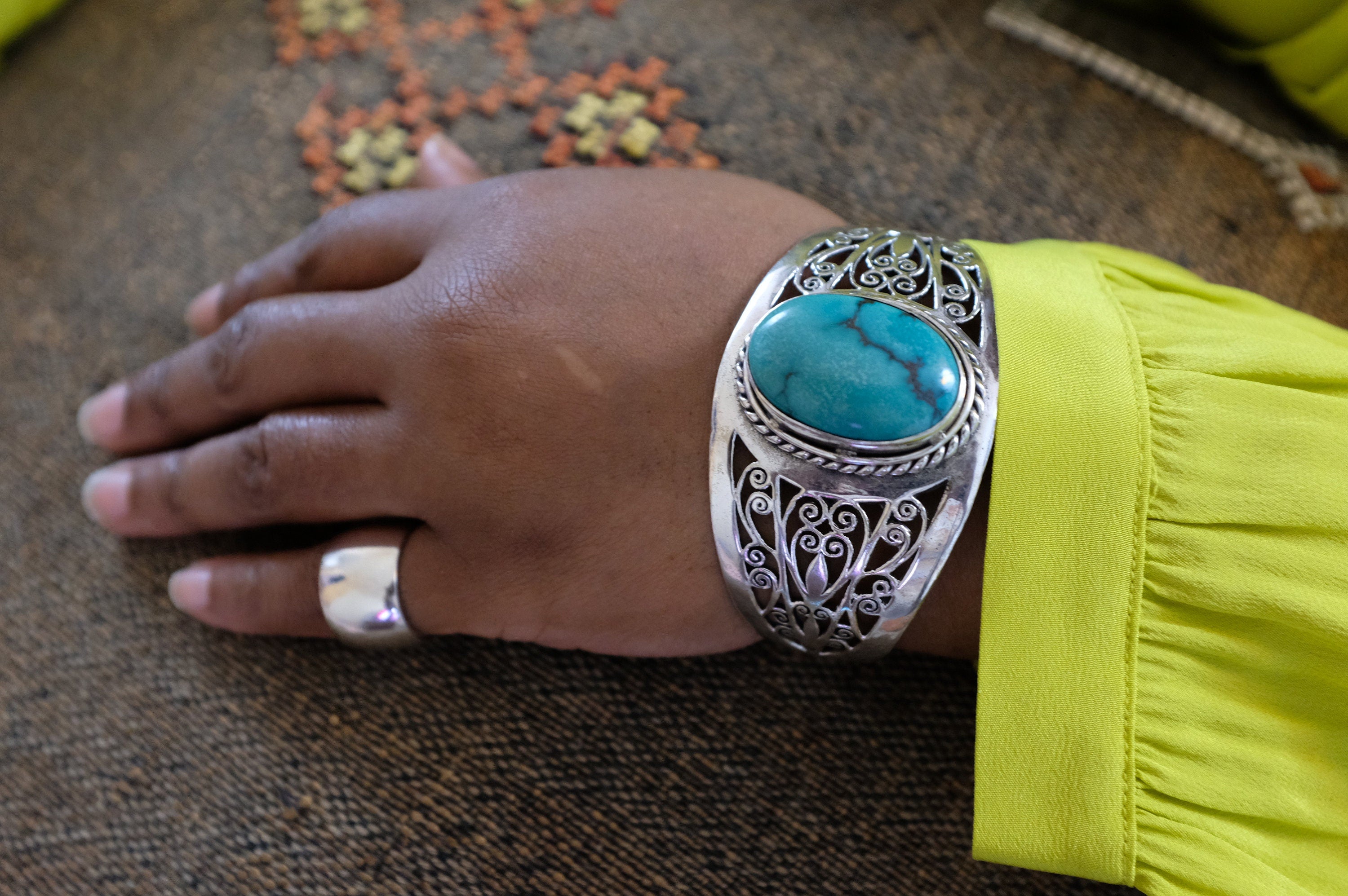 Sterling Silver Turquoise Filigree Cuff Bracelet