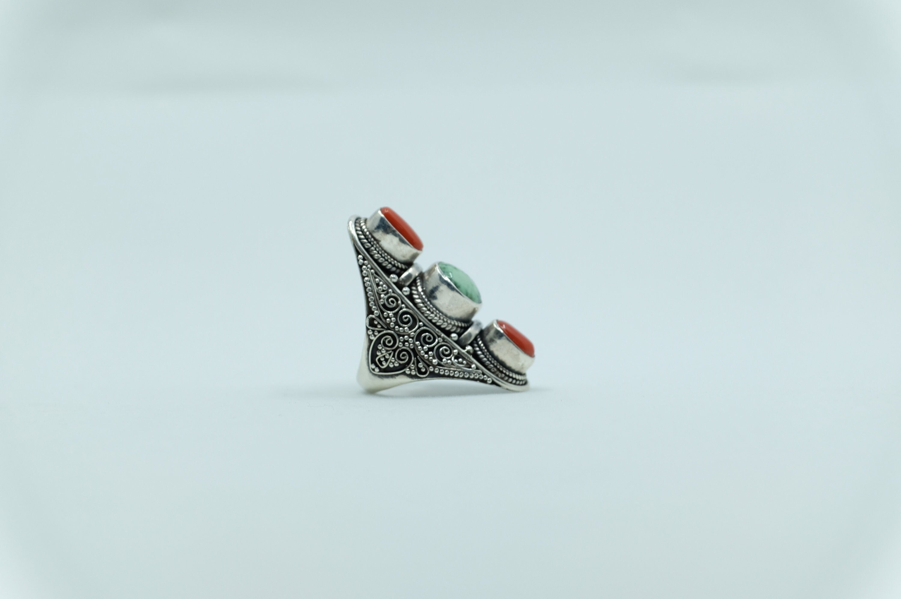 Sterling Silver Turquoise & Coral Filigree Ring