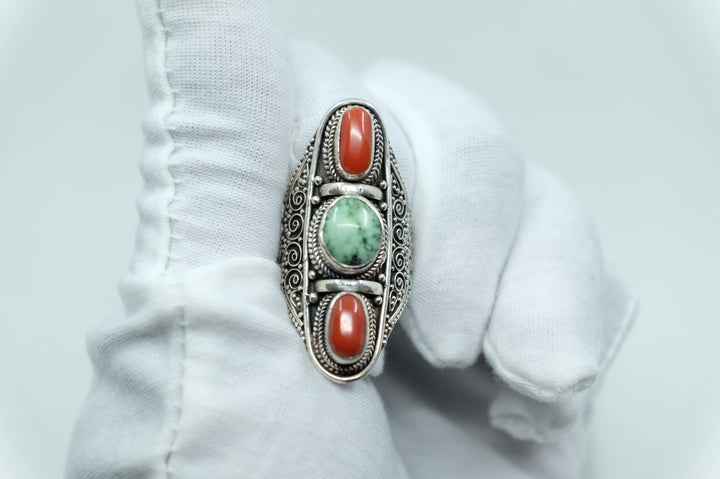 Sterling Silver Turquoise & Coral Filigree Ring