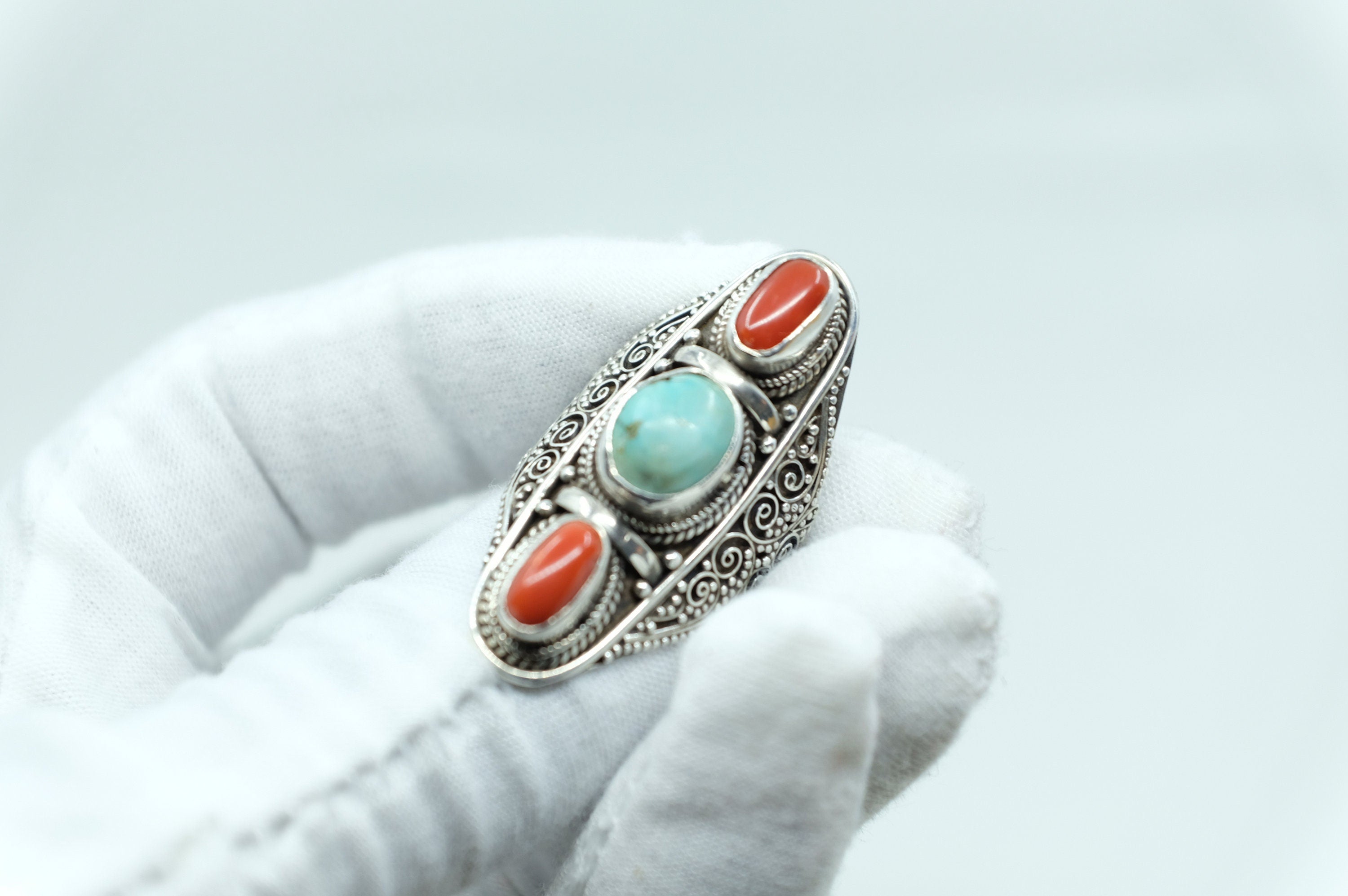 Sterling Silver Tibetan Turquoise & Coral Ring