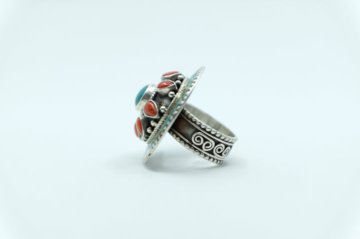 Sterling Silver Turquoise & Coral Tibetan Ring