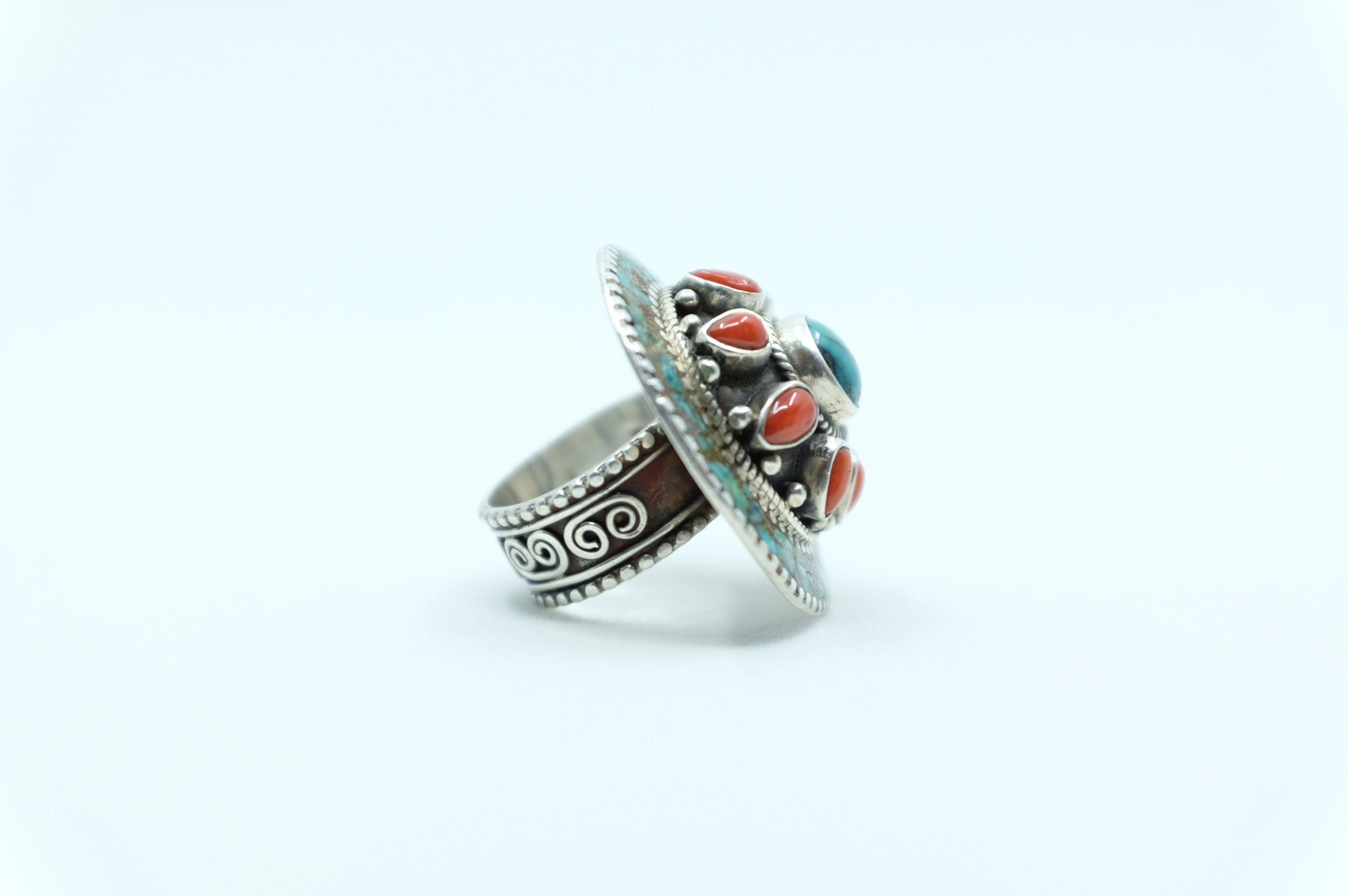 Sterling Silver Turquoise & Coral Tibetan Ring