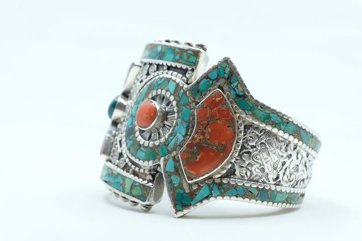 Sterling Silver Turquoise & Coral Tibetan Cuff