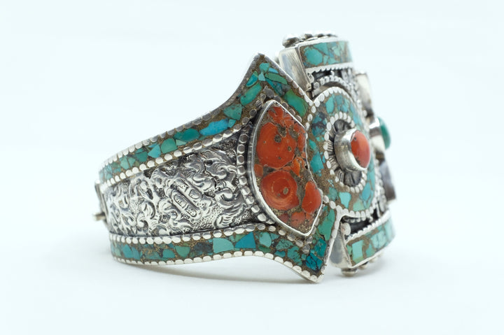 Sterling Silver Turquoise & Coral Tibetan Cuff