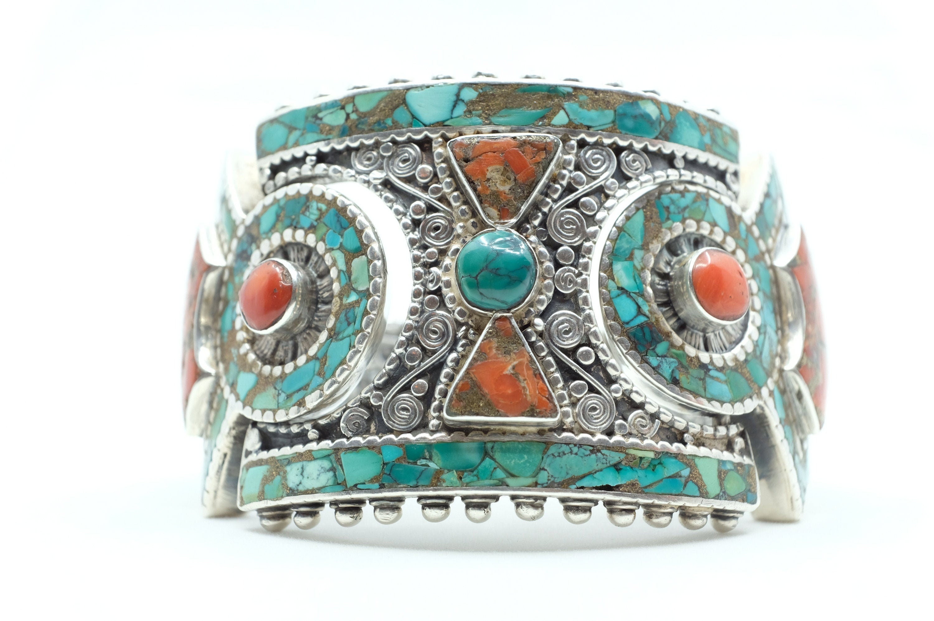 Sterling Silver Turquoise & Coral Tibetan Cuff