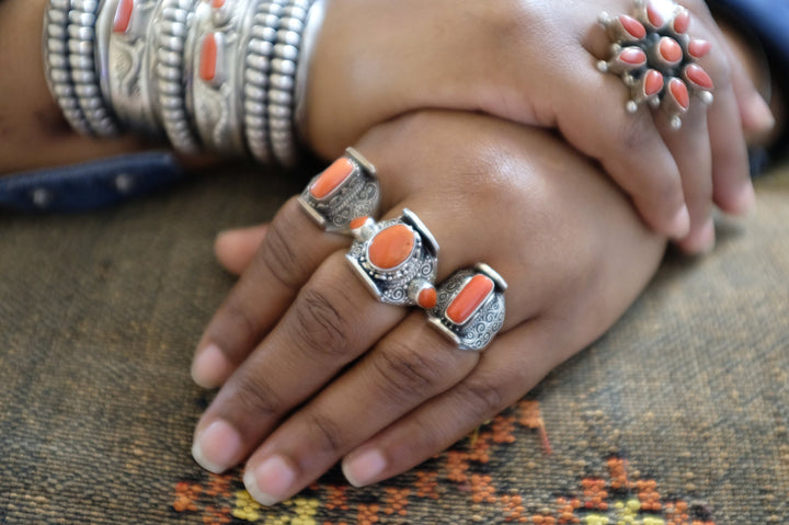 Sterling Silver Coral Nepalese Ring