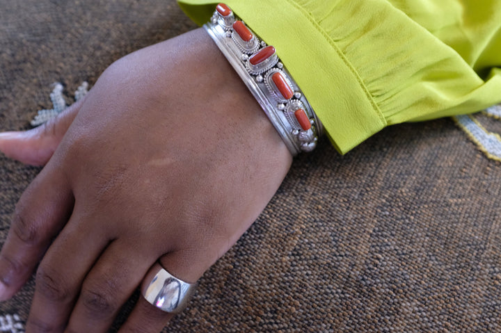 Sterling Silver Coral Tibetan Cuff Bracelet