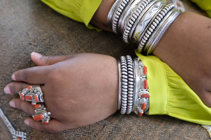 Sterling Silver Coral Tibetan Cuff Bracelet