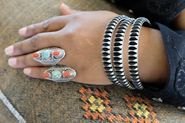 Sterling Silver Turquoise & Coral Filigree Ring