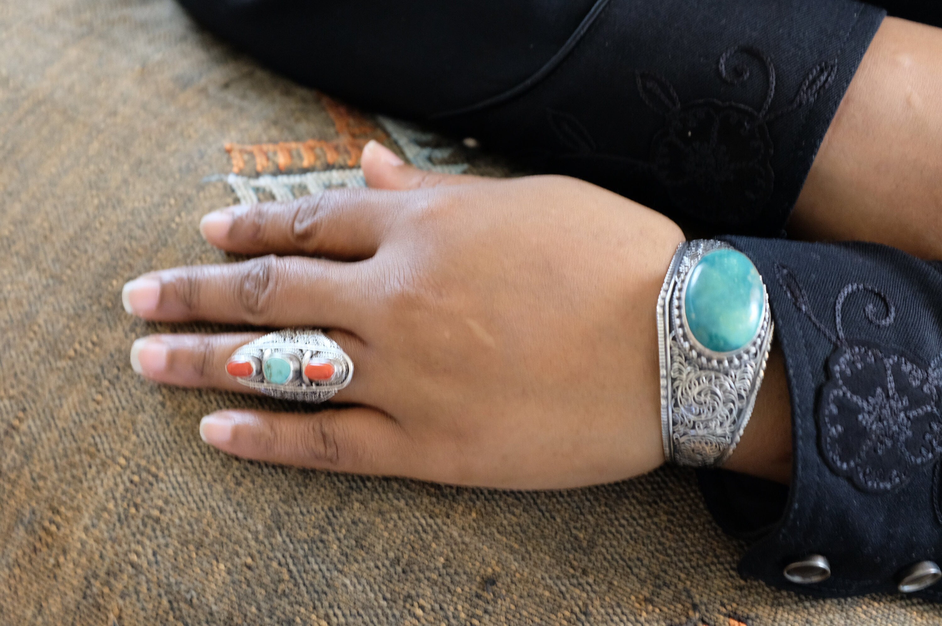 Sterling Silver Turquoise & Coral Filigree Ring