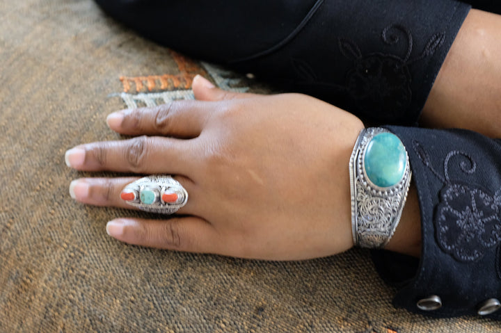 Sterling Silver Tibetan Turquoise & Coral Ring