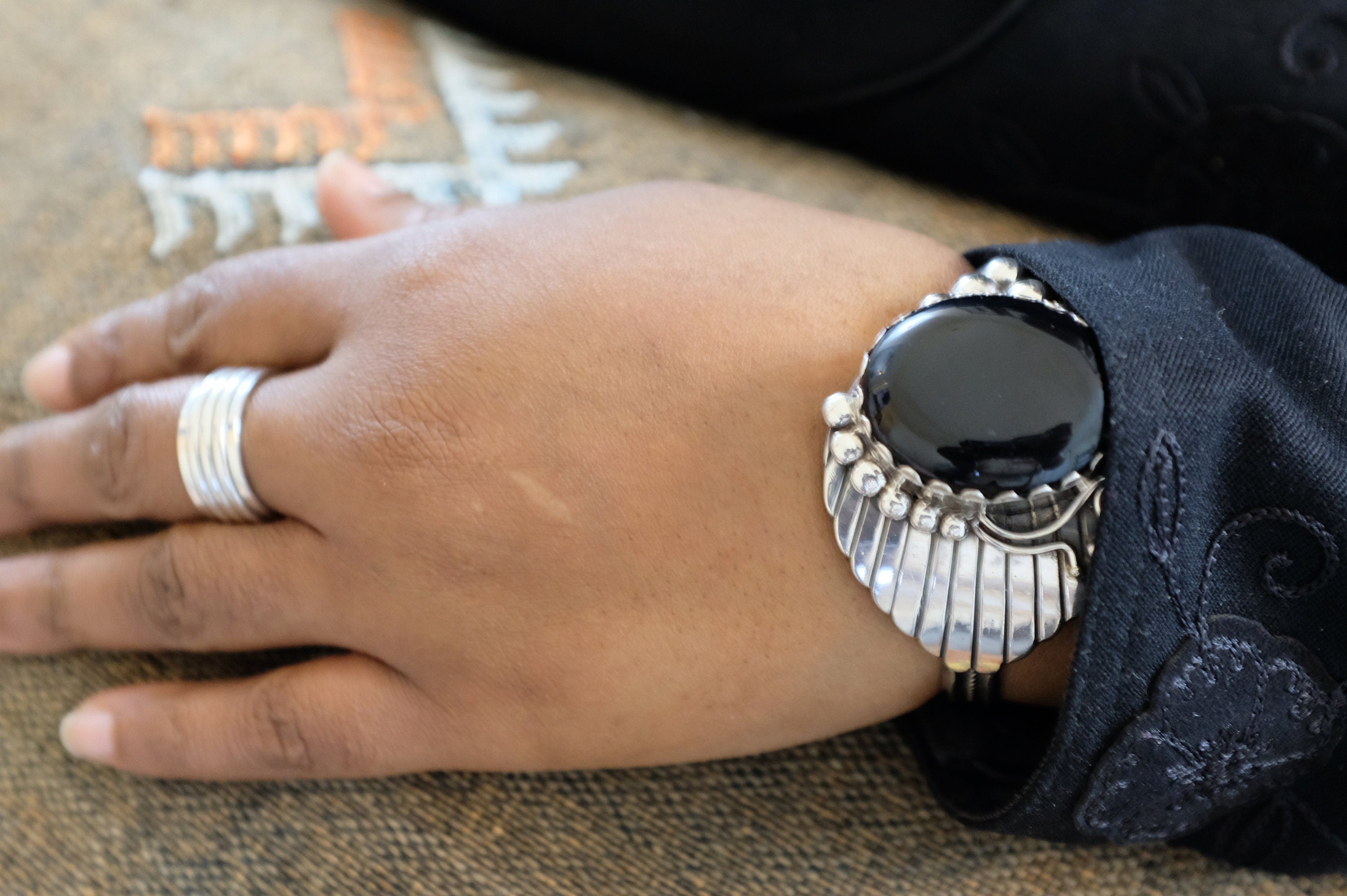 Sterling Silver Onyx Navajo Cuff Bracelet