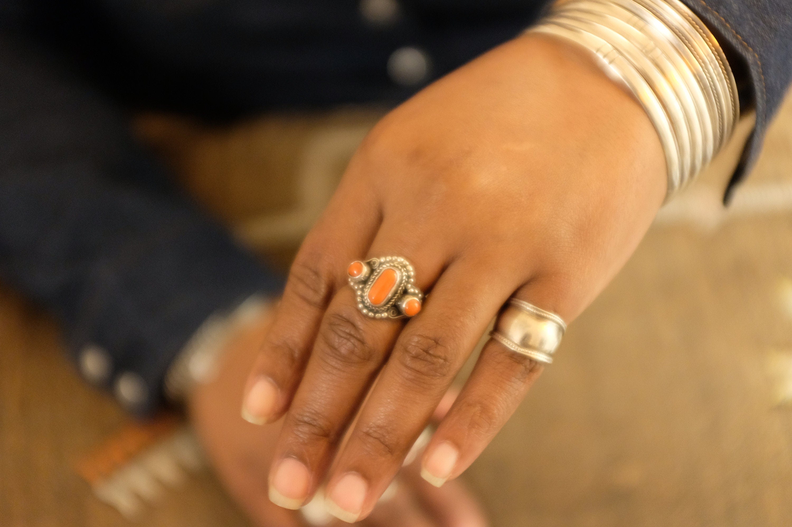 Sterling Silver Coral Balinese Ring