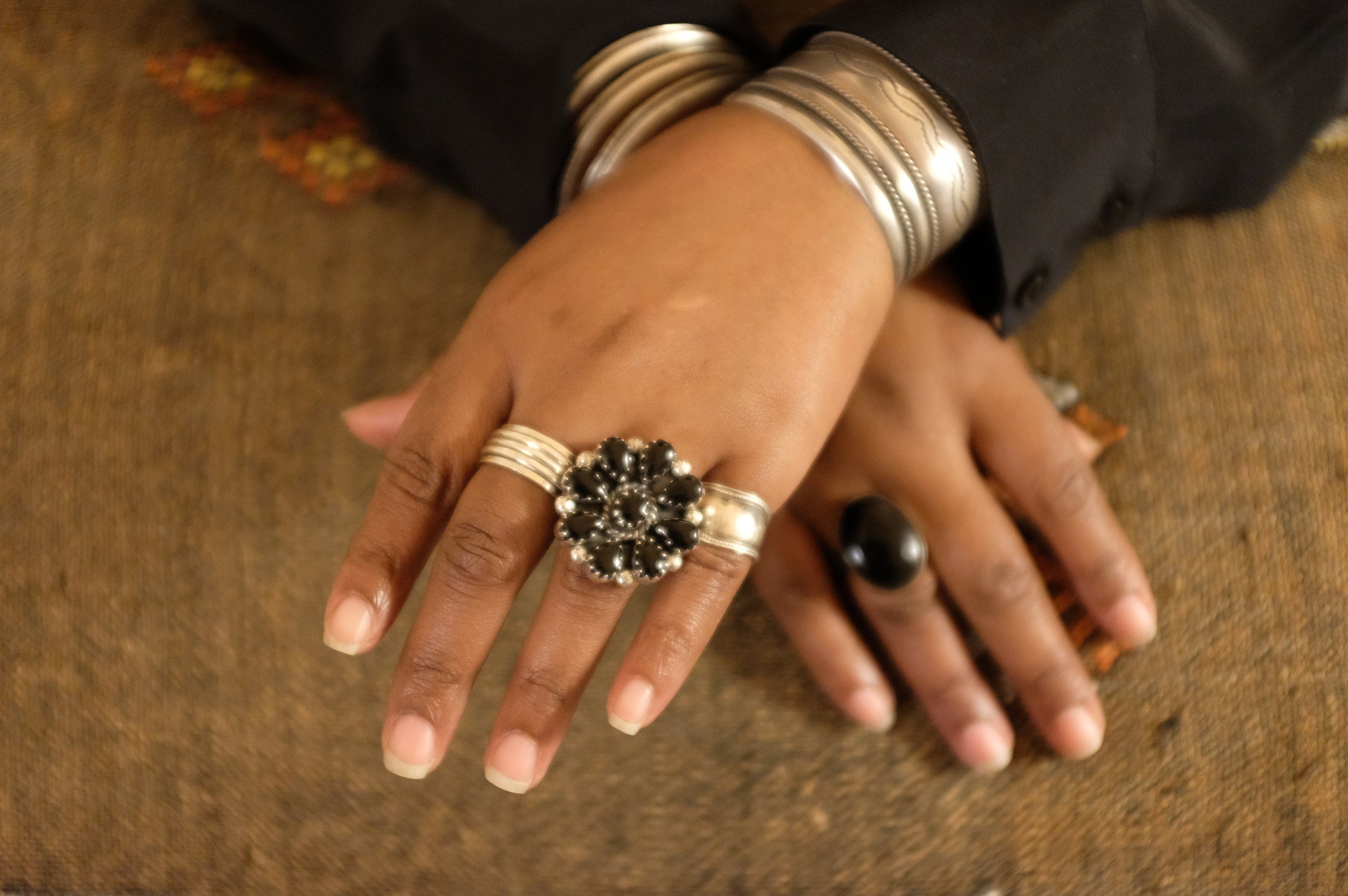 Sterling Silver Onyx Cluster Navajo Ring