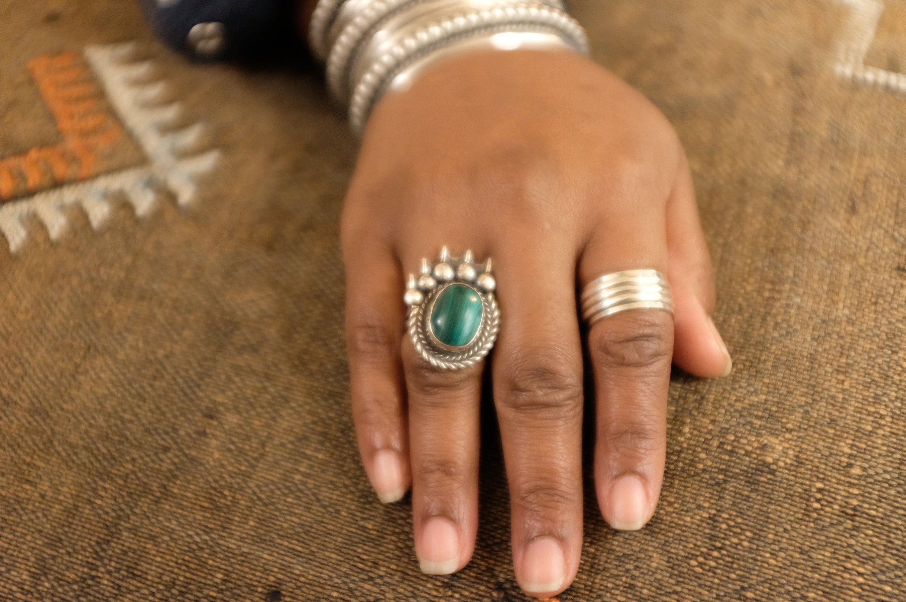 Sterling Silver Malachite Bear Paw Navajo Ring