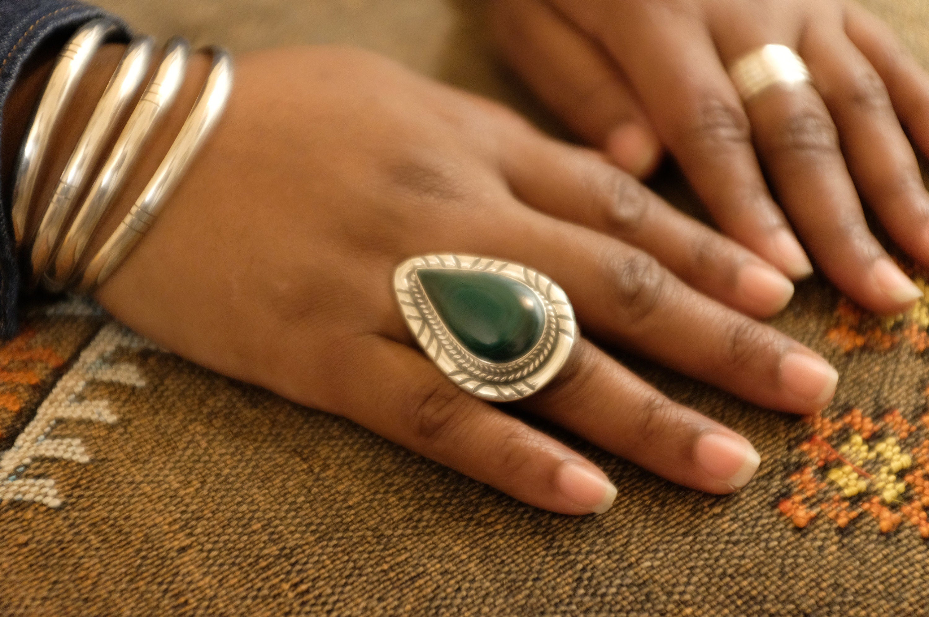 Sterling Silver Malachite Navajo Ring