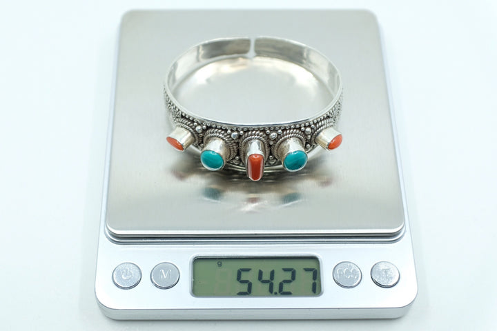 Sterling Silver Tibetan Turquoise and Coral Cuff Bracelet