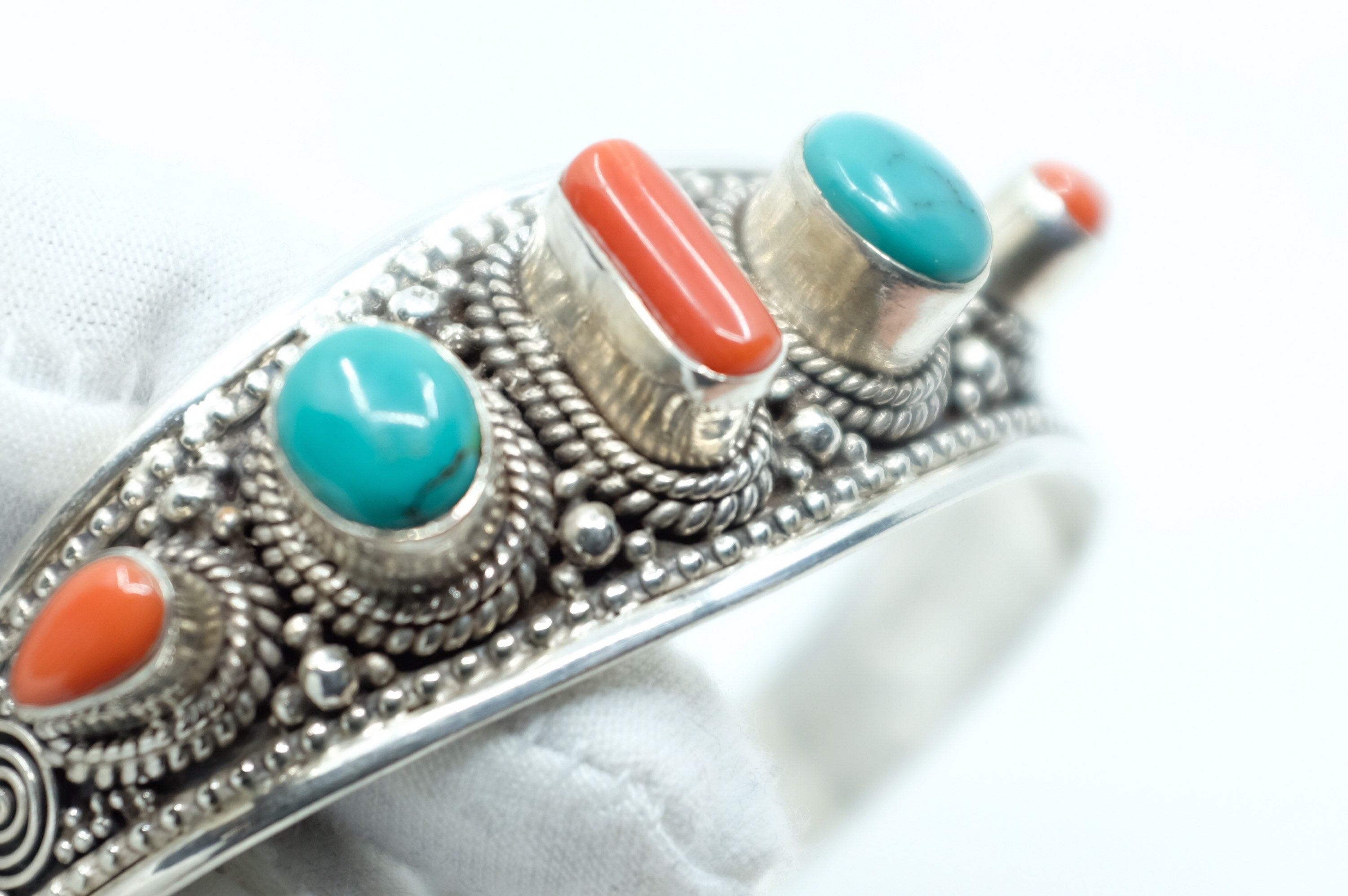 Sterling Silver Tibetan Turquoise and Coral Cuff Bracelet