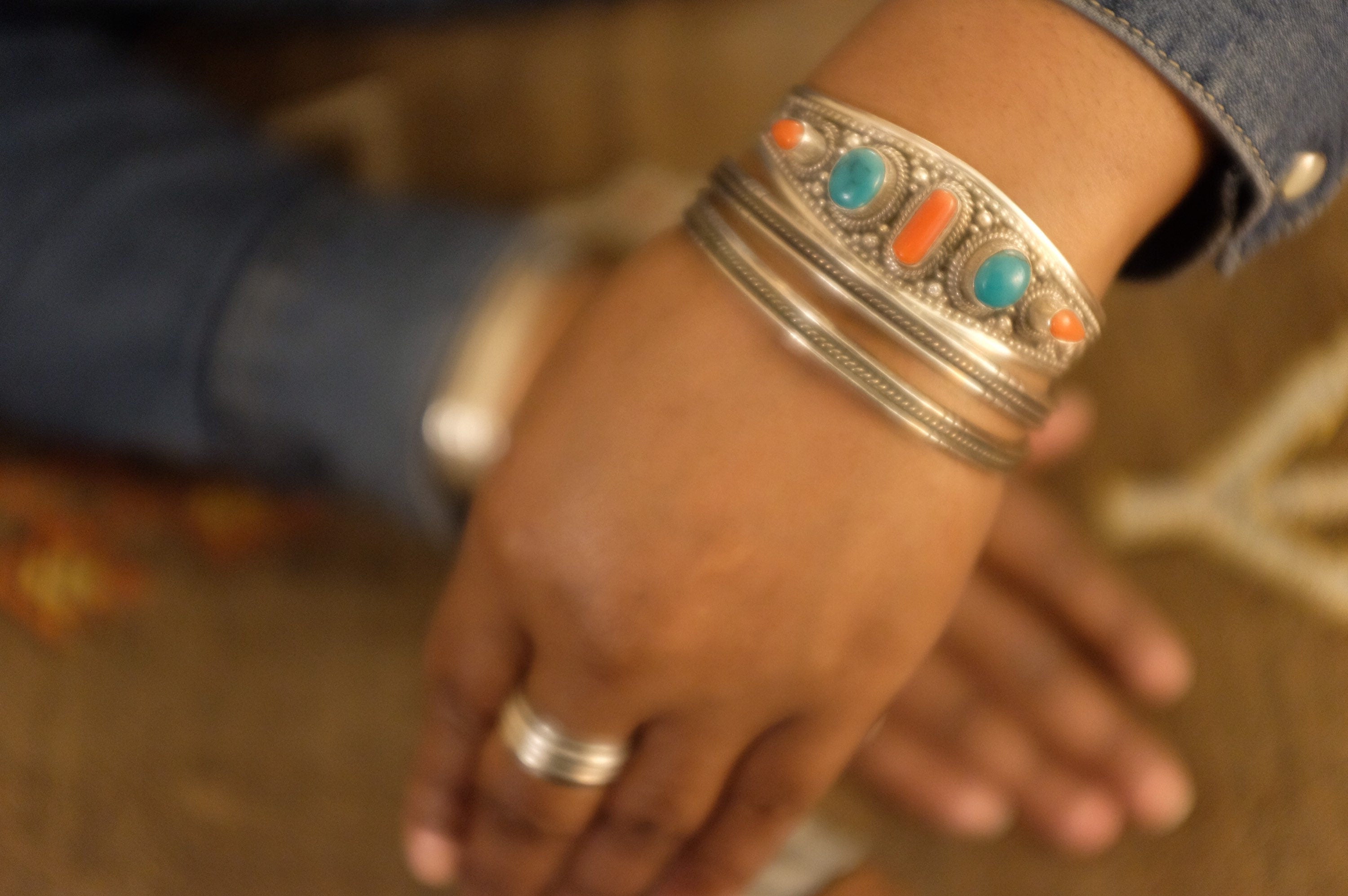 Sterling Silver Tibetan Turquoise and Coral Cuff Bracelet