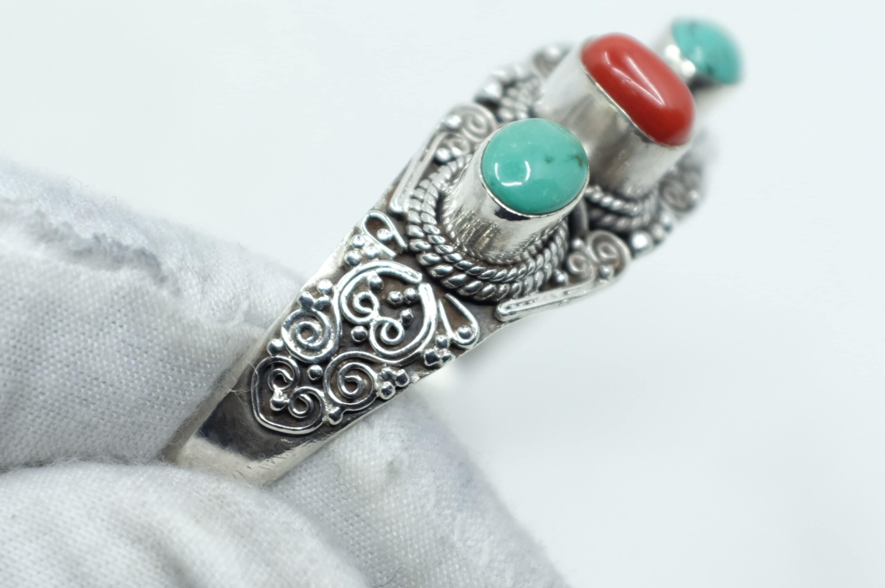 Sterling Silver Balinese Filigree Turquoise and Coral Cuff Bracelet