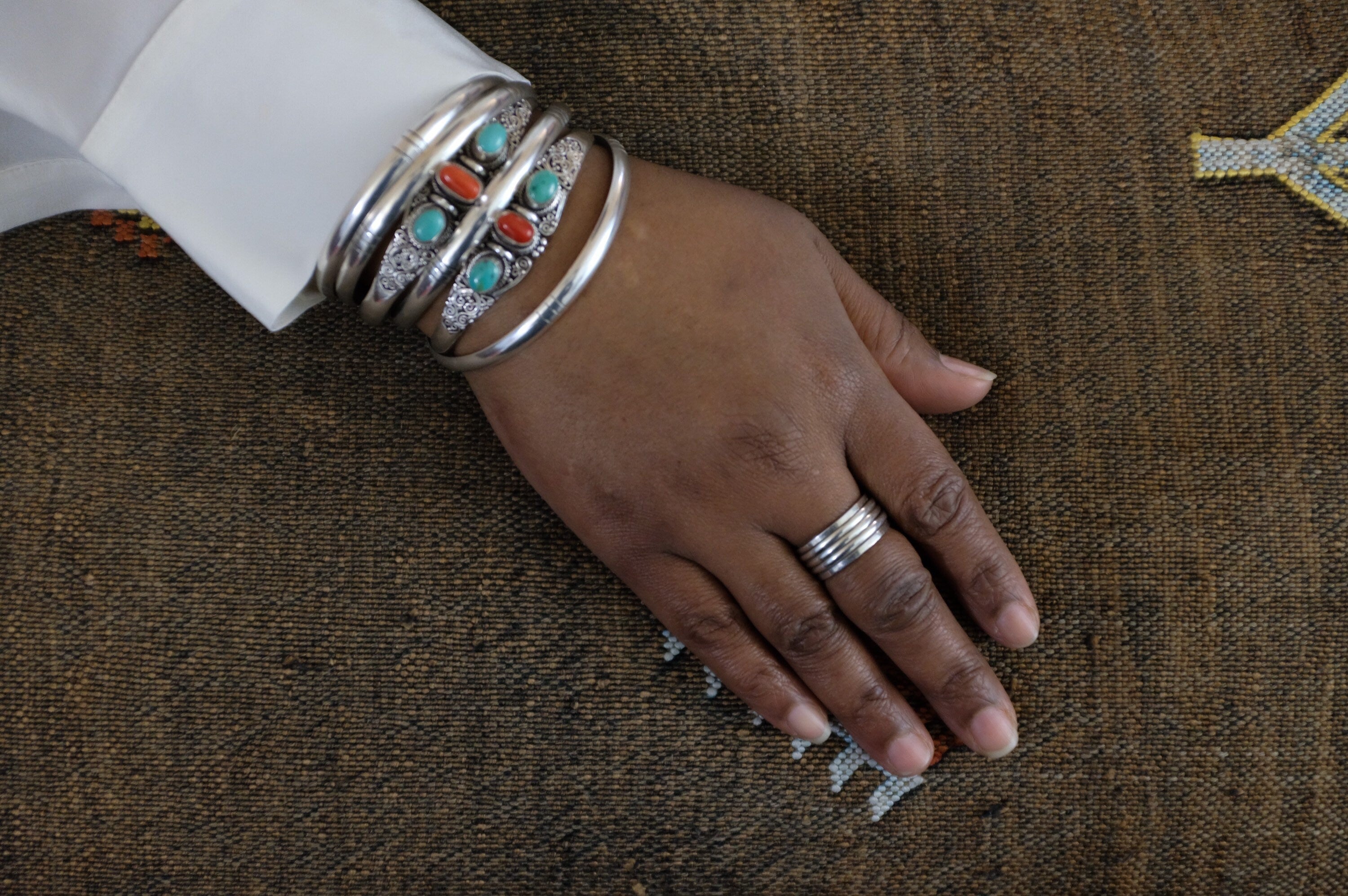 Sterling Silver Balinese Filigree Turquoise and Coral Cuff Bracelet