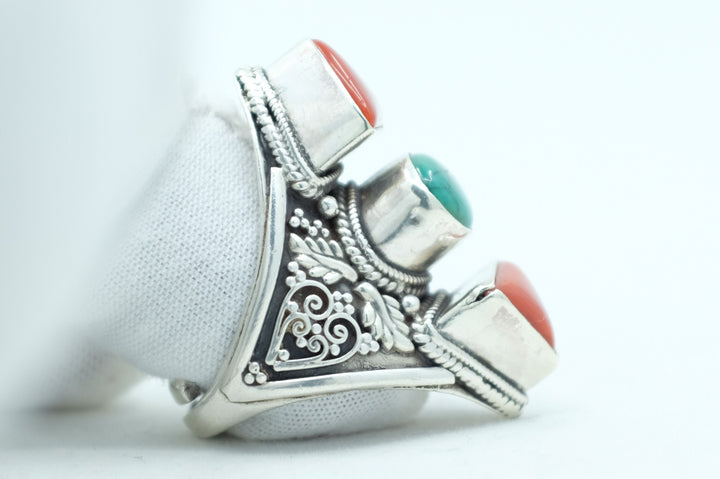 Sterling Silver Turquoise & Coral Filigree Ring (1)