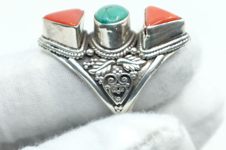 Sterling Silver Turquoise & Coral Filigree Ring (1)