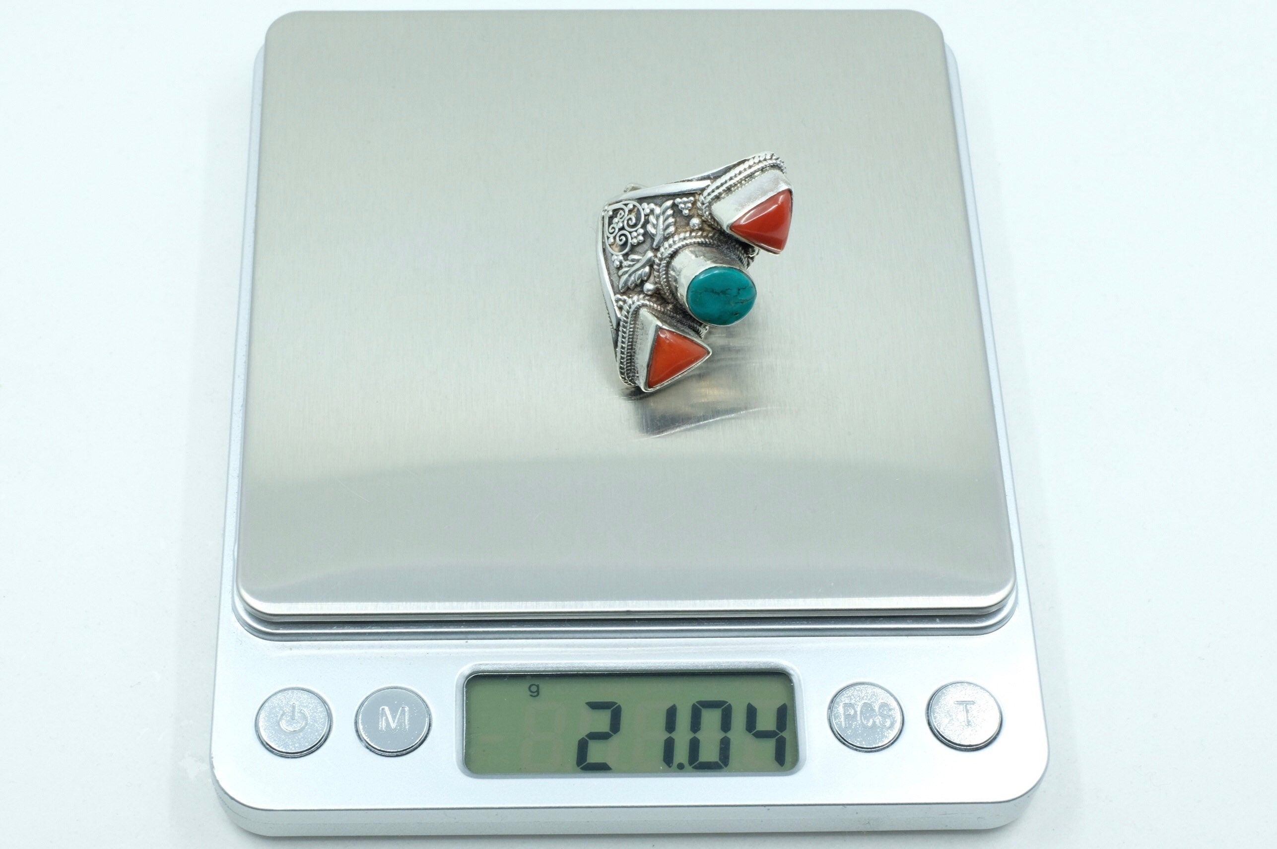 Sterling Silver Turquoise & Coral Filigree Ring (2)