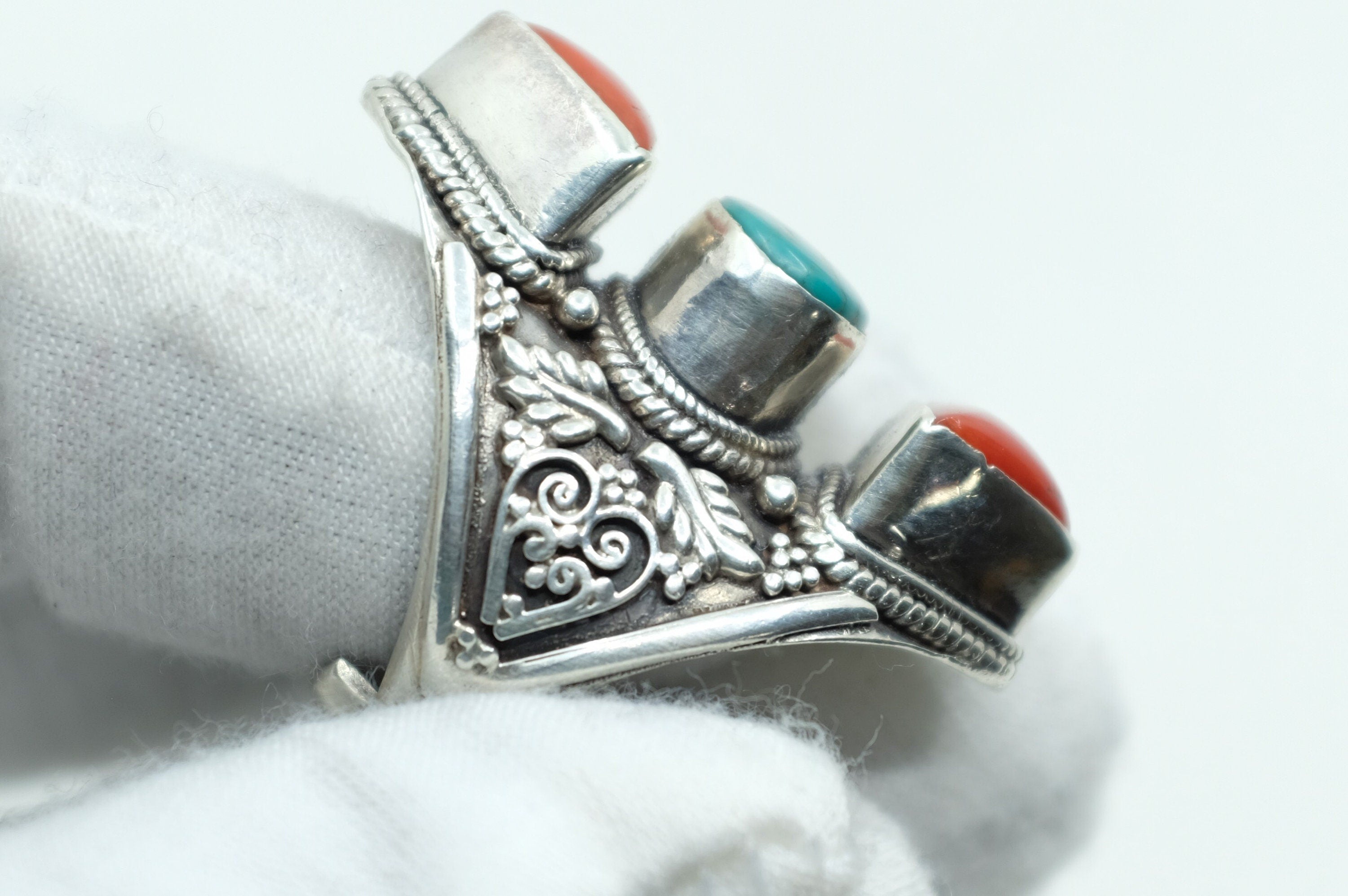 Sterling Silver Turquoise & Coral Filigree Ring (2)