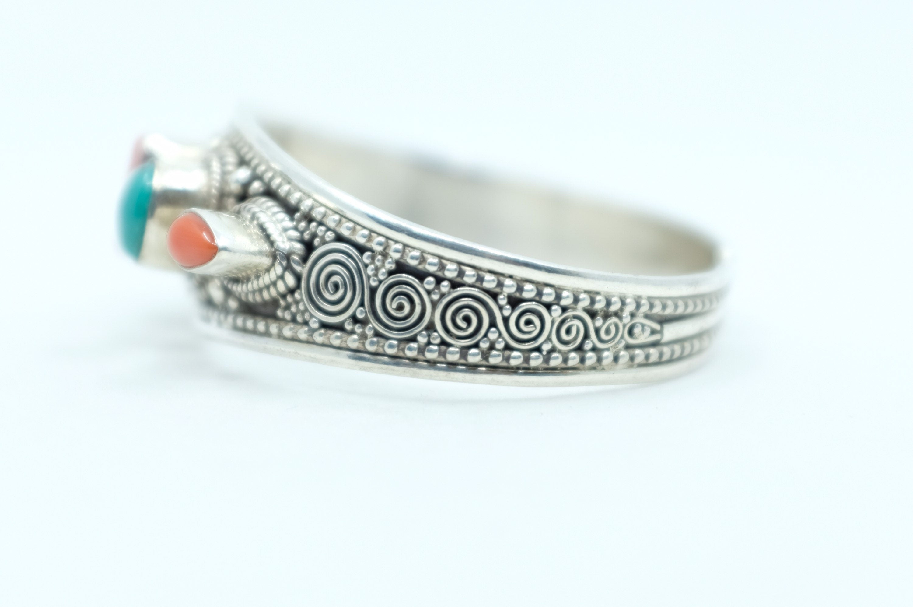 Sterling Silver Tibetan Turquoise and Coral Cuff Bracelet