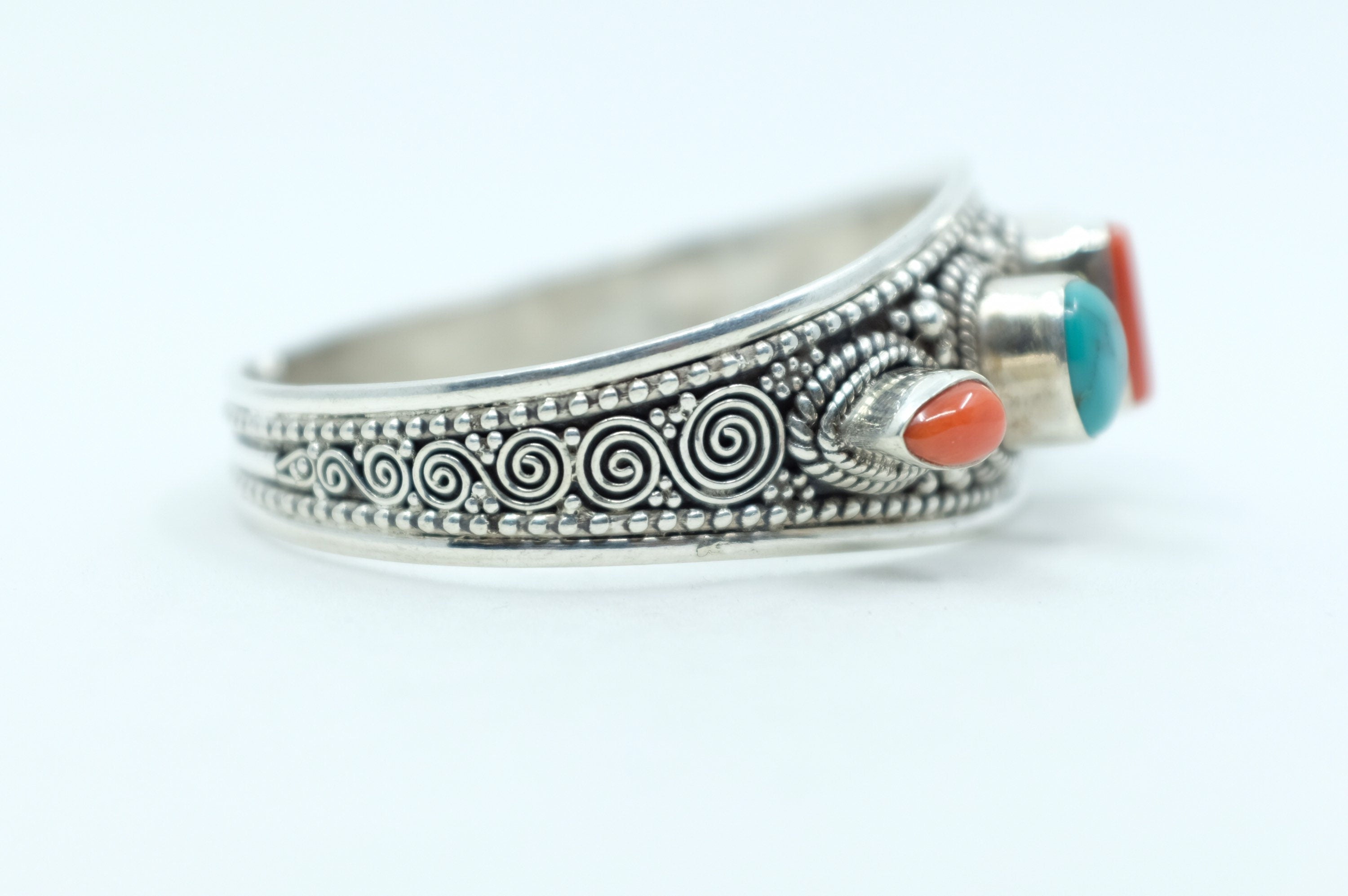 Sterling Silver Tibetan Turquoise and Coral Cuff Bracelet