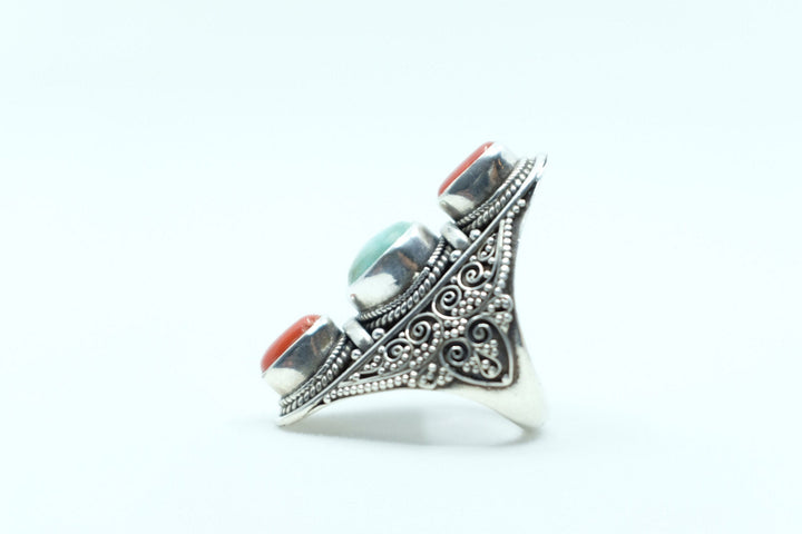 Sterling Silver Tibetan Turquoise & Coral Ring