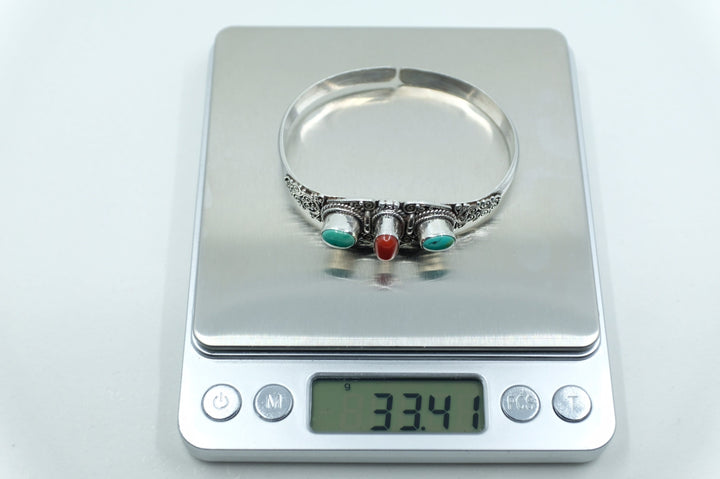 Sterling Silver Balinese Filigree Turquoise and Coral Cuff Bracelet