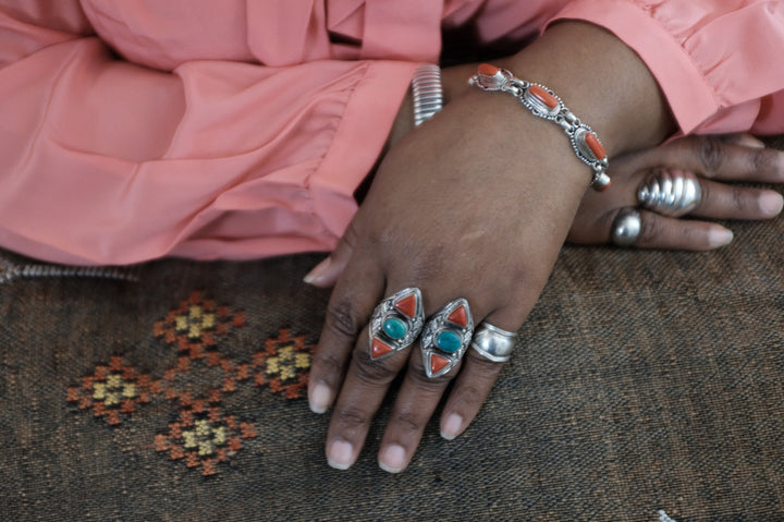 Sterling Silver Turquoise & Coral Filigree Ring (1)